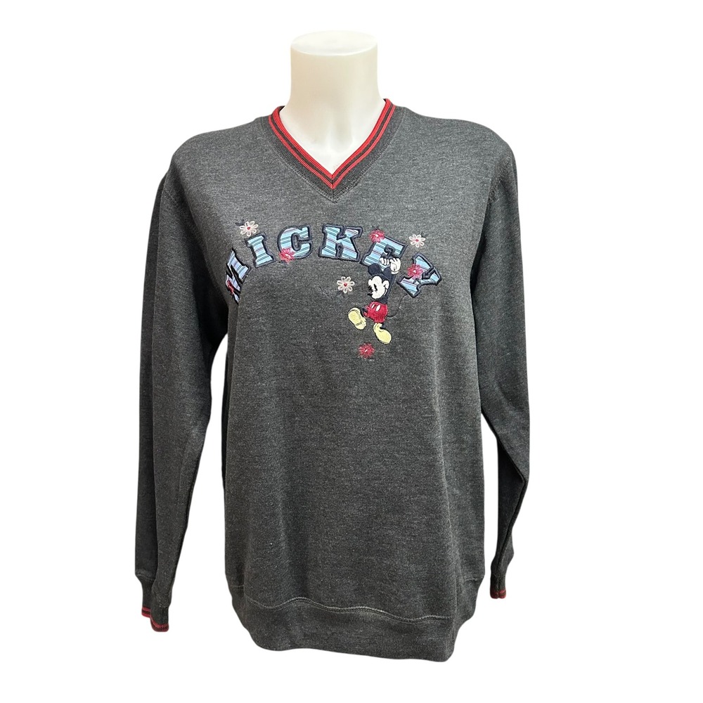 Vintage Disney Pullover Embroidered Mickey Gray Sweatshirt‎ V-Neck Small NEW